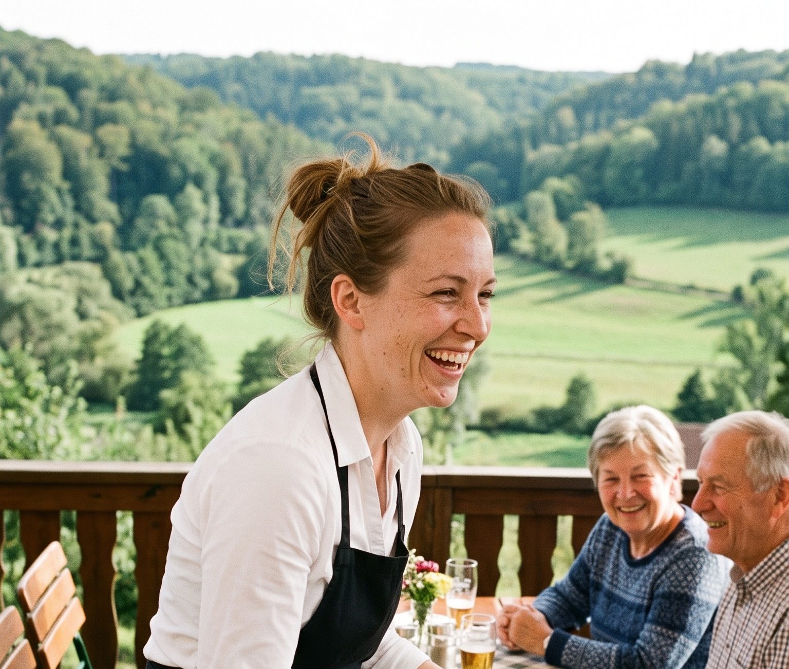 Servicekraft in wei&szlig;er Bluse und schwarzer Sch&uuml;rze serviert lachend zwei G&auml;sten auf einer Terrasse im Gr&uuml;nen